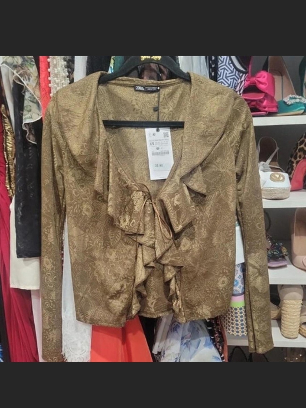Zara Metallic Gold Ruffle-Front Blouse - Picture 2 of 4